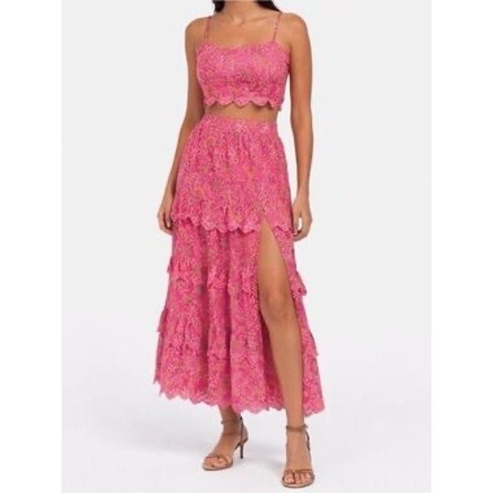 Caroline Constas Pink Floral Eyelet Lace Two Piece Set Crop Top Maxi Skirt Boho